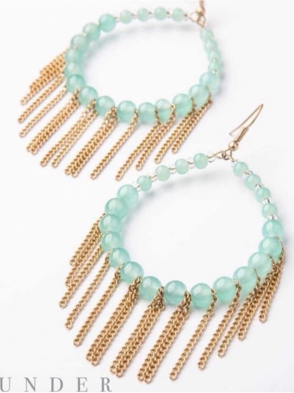 Plunder Amy Seafoam Bead Hoop Earrings with Gold Chain Fringe